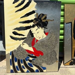 Traditional Japanese Art Print with Red and Gray Accents